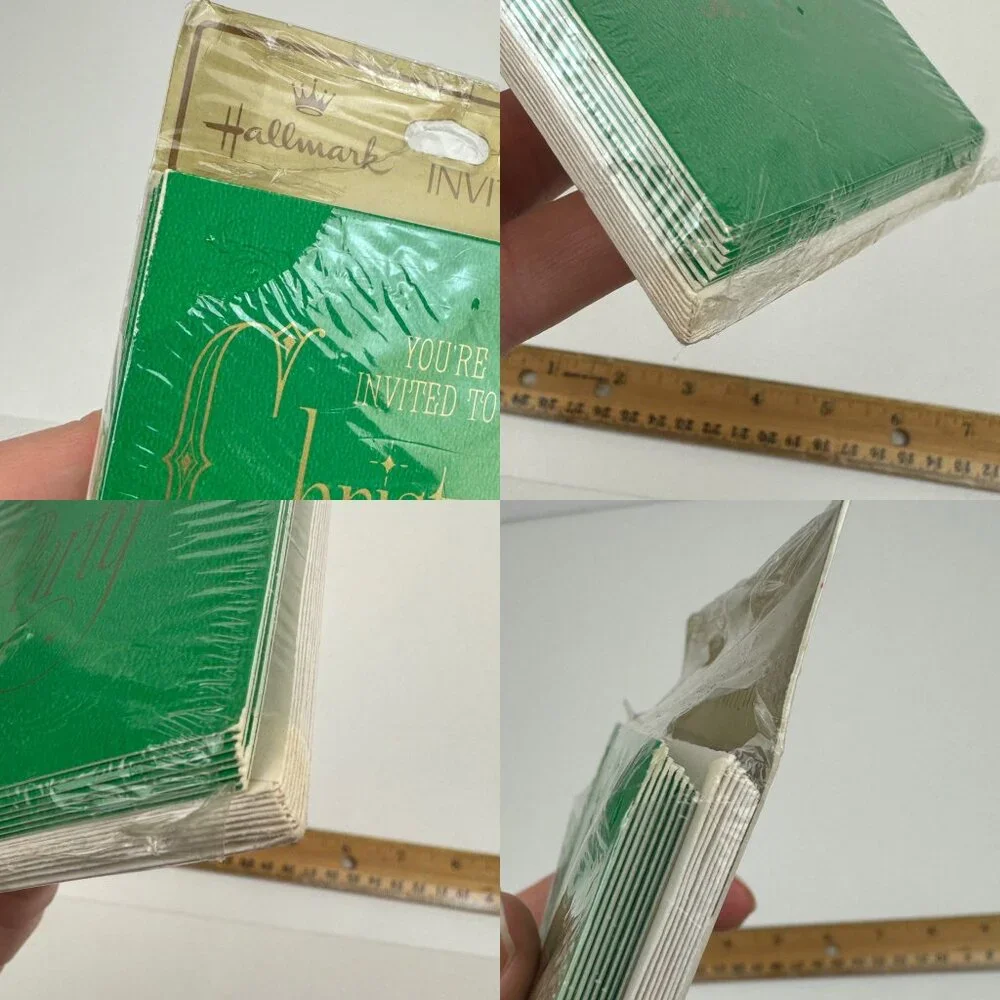 Vtg Retro Hallmark Christmas Party Invitation Green Gold Metallic‎ Elegant Font